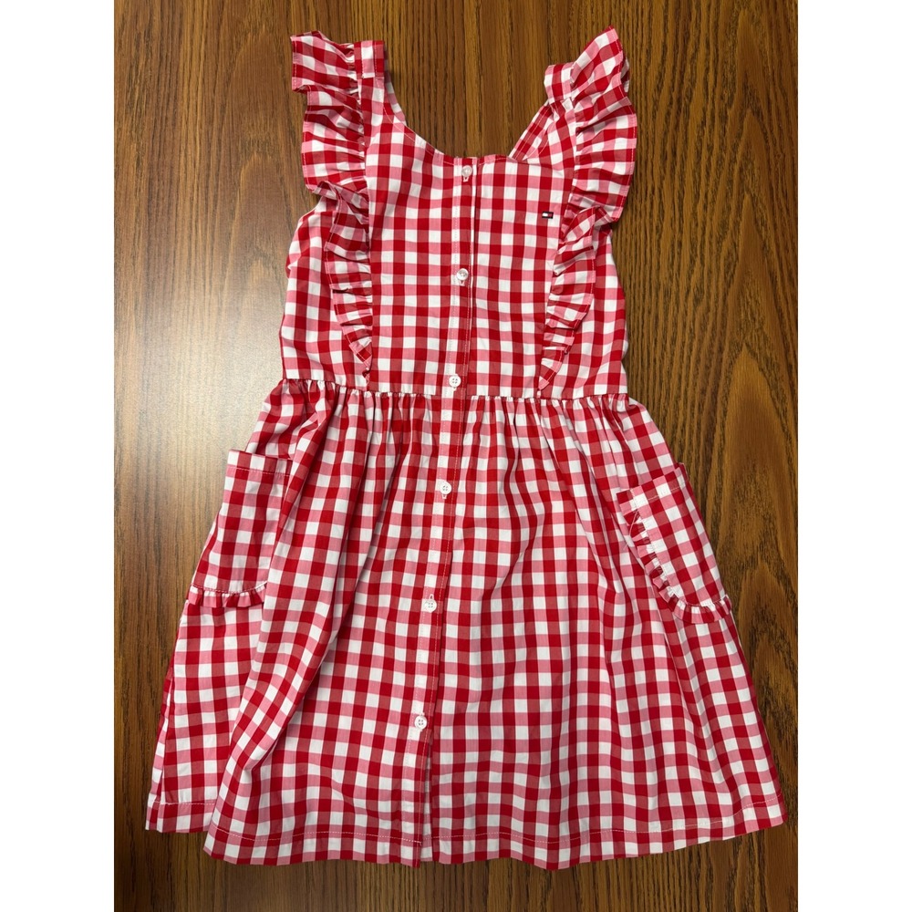 Tommy Hilfiger Girls Red White Gingham Ruffle Pinafore Dress Size 6X
